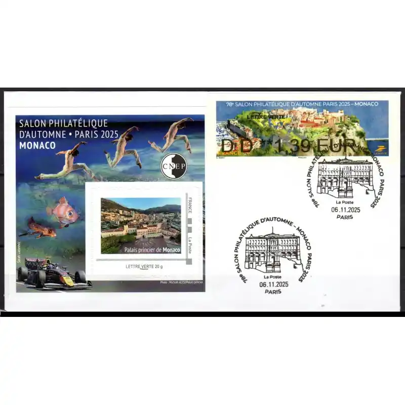 Enveloppe Salon Philatélique d'Automne 2025 Monaco avec bloc CNEP, LISA et cachet Produit De Marque