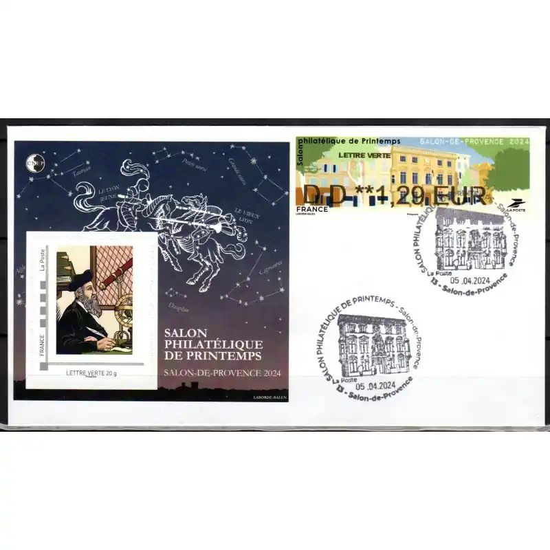 Enveloppe Salon Philatélique de Printemps 2024 "Salon de Provence" avec bloc CNEP, LISA et cachet Quantité Limitée