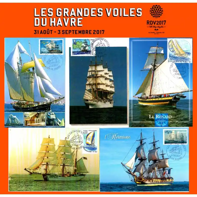 Cartes postales avec cachet "Les Grandes Voiles du Havre 2017" Série n°2 Dernier Modèle