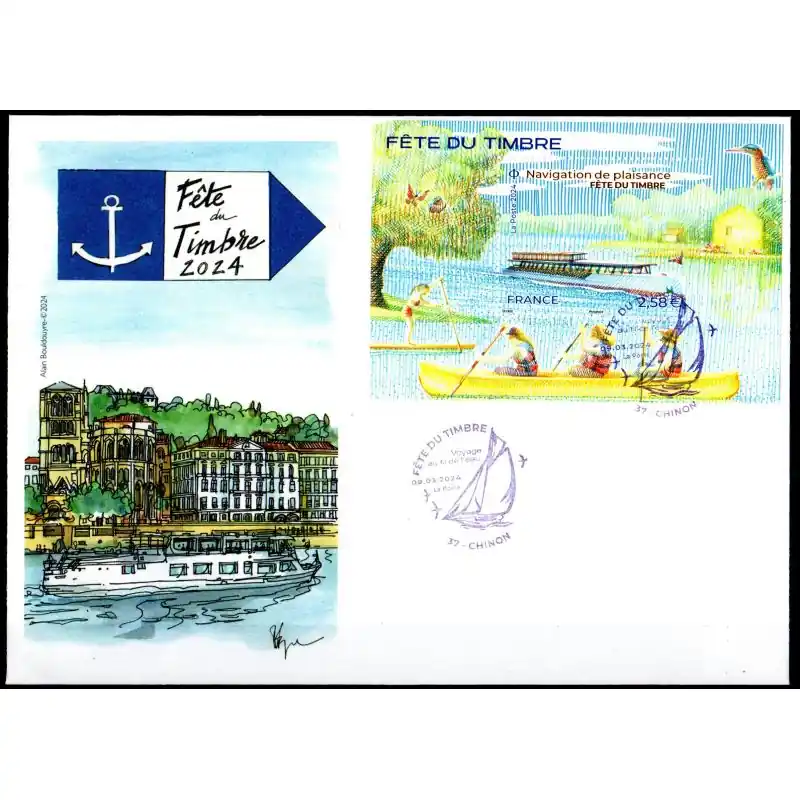 Jusqu’à Épuisement Des Stocks Souvenir philatélique FFAP Enveloppe avec le bloc Fête du timbre 2024 "Voyage au fil de l'eau" Chinon 37