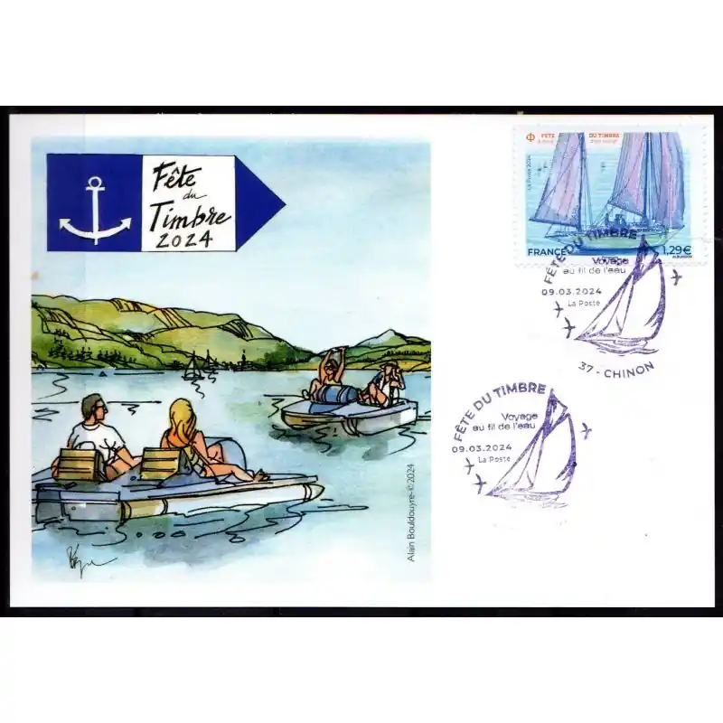 Nouvelle Collection Souvenir philatélique FFAP Carte Fête du timbre 2024 "Voyage au fil de l'eau" Chinon 37