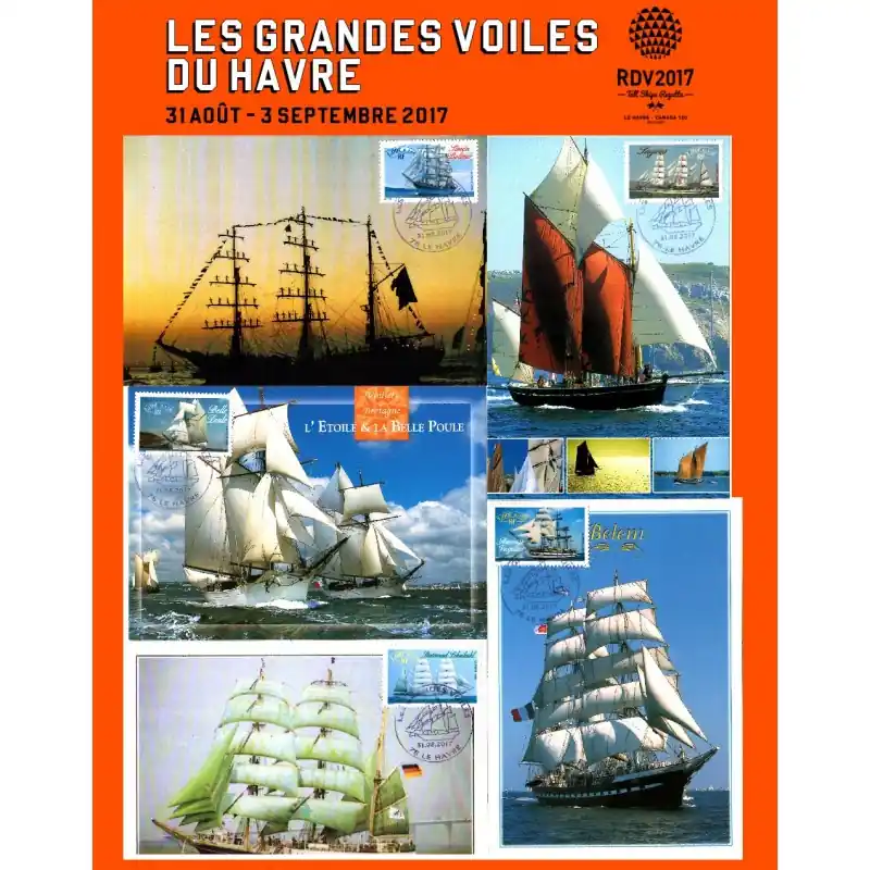 Cartes postales avec cachet "Les Grandes Voiles du Havre 2017" Série n°1 Expédition Rapide