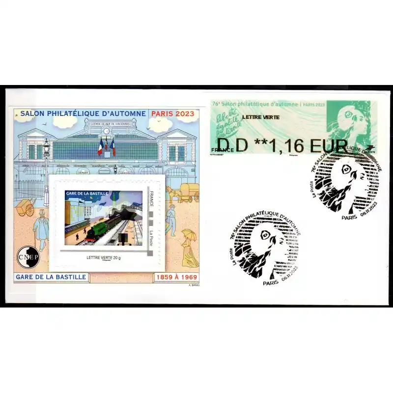 Commander Maintenant Enveloppe Salon Philatélique d'Automne 2023 "Gare de la Bastille" avec bloc CNEP, LISA et cachet Marianne de l'Avenir
