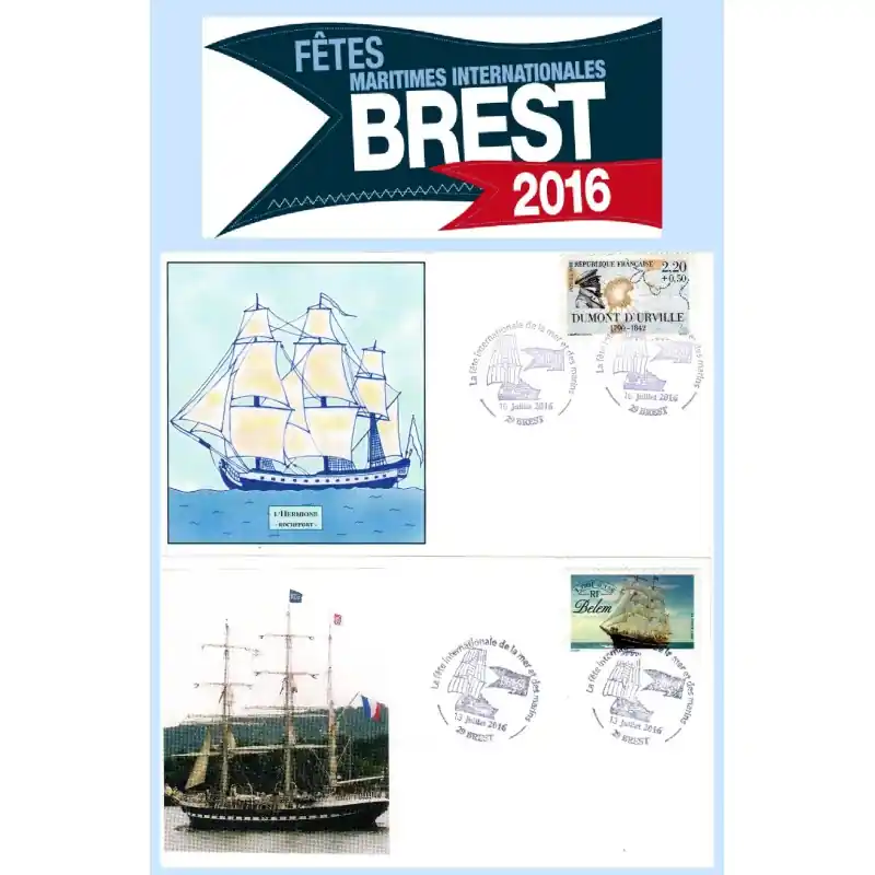 Enveloppes philatéliques BREST 2016 "Fête internationale de la mer et des marins" Hermione et Belem Petit Prix