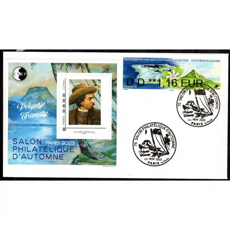 Enveloppe Salon Philatélique d'Automne 2023 "Polynésie française" avec LISA, bloc CNEP et cachet Meilleur Prix