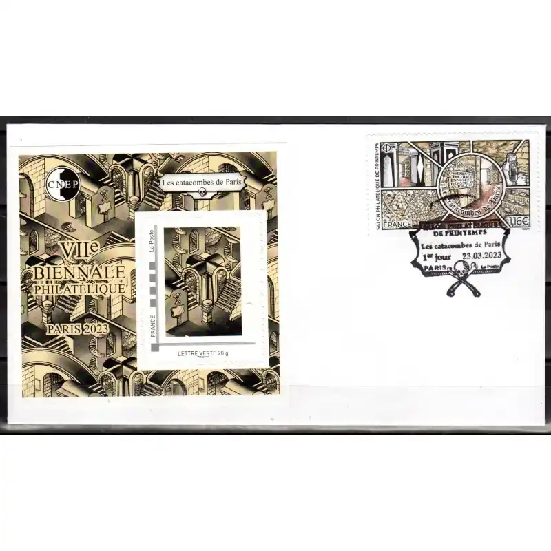 Enveloppe Salon Philatélique de Printemps 2023 "Les Catacombes de Paris" avec timbre, bloc CNEP et cachet Prix Réduit