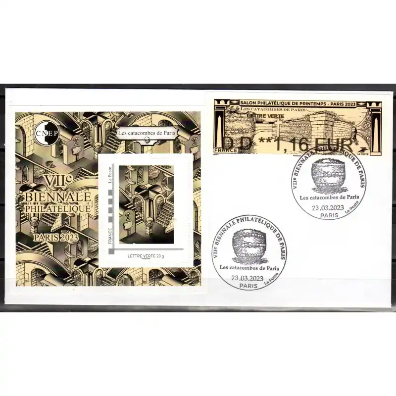 Enveloppe Salon Philatélique de Printemps 2023 "Les Catacombes de Paris" avec LISA, bloc CNEP et cachet Prix Promo