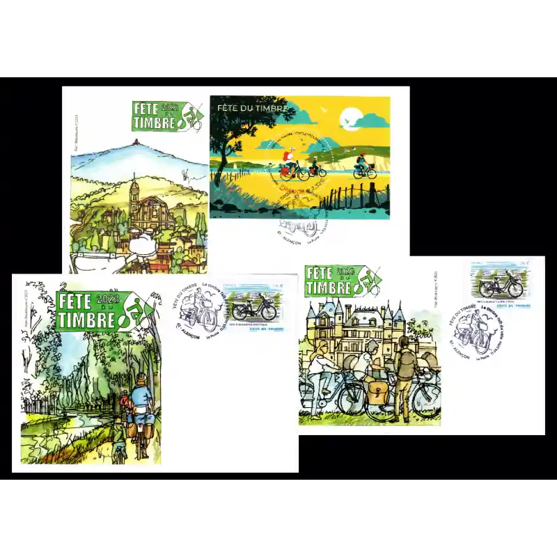 Promotion Lot 3 Souvenirs philatélique FFAP Carte enveloppes Fête du timbre 2023 "Le Timbre fait du vélo" Alençon 61