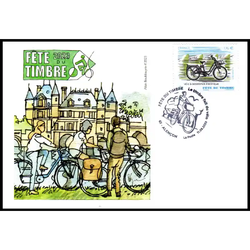 Paiement Sécurisé Souvenir philatélique FFAP Carte Fête du timbre 2023 "Le Timbre fait du vélo" Alençon 61