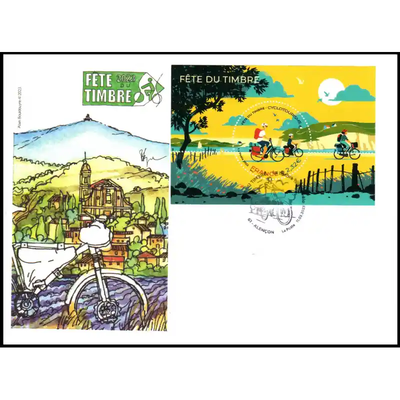 Expédié Aujourd’hui Souvenir philatélique FFAP Enveloppe avec le bloc Fête du timbre 2023 "Le Timbre fait du vélo" Alençon 61