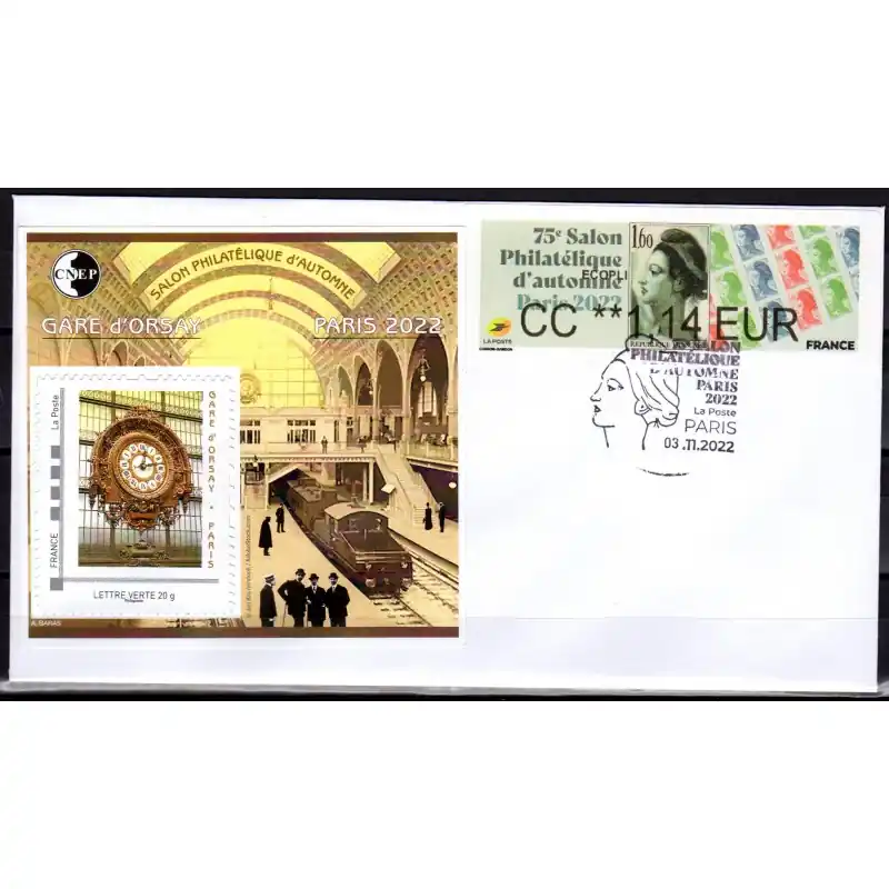 Garantie Incluse Enveloppe Salon Philatélique d'Automne 2022 "Gare d'Orsay" avec LISA Gandon, bloc CNEP et cachet