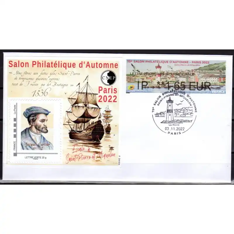 Enveloppe Salon Philatélique d'Automne 2022 "Cartier" avec LISA St Pierre et Miquelon, bloc CNEP et cachet Prix Bas