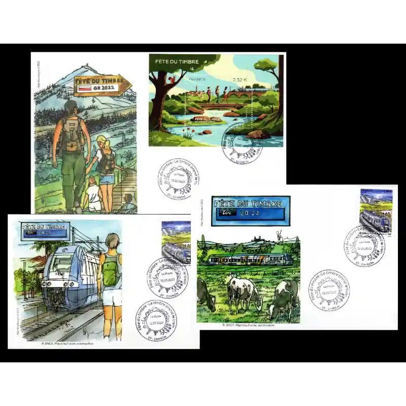 Lot 3 Souvenirs philatélique FFAP Carte enveloppes Fête du timbre 2022 "Le Timbre prend le Train" Chinon 37 Top Vente