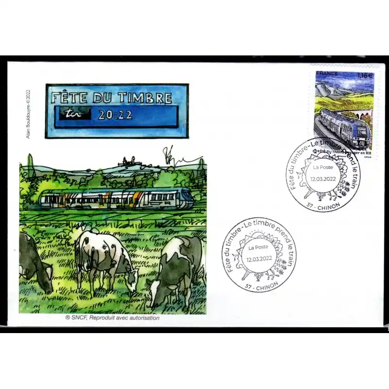Nouvel Arrivage Souvenir philatélique FFAP enveloppe Fête du timbre 2022 "Le Timbre prend le Train" Chinon 37