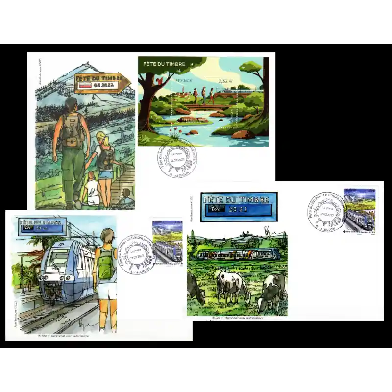 Lot 3 Souvenirs philatélique FFAP Carte enveloppes Fête du timbre 2022 "Le Timbre prend le Train" Alençon 61 Pas Cher