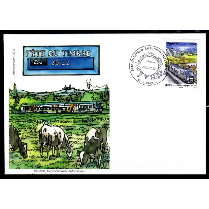 Original Souvenir philatélique FFAP enveloppe Fête du timbre 2022 "Le Timbre prend le Train" Alençon 61