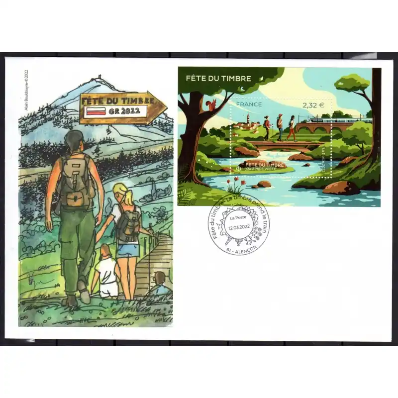 Must-Have Souvenir philatélique FFAP enveloppe avec le bloc Fête du timbre 2022 "Le Timbre prend le Train" Alençon 61
