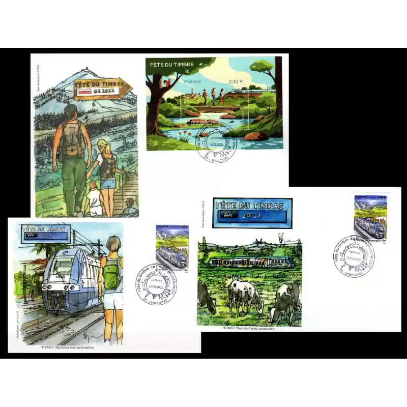 Top Qualité Lot 3 Souvenirs philatélique FFAP Carte enveloppes Fête du timbre 2022 "Le Timbre prend le Train" Lencloître 86