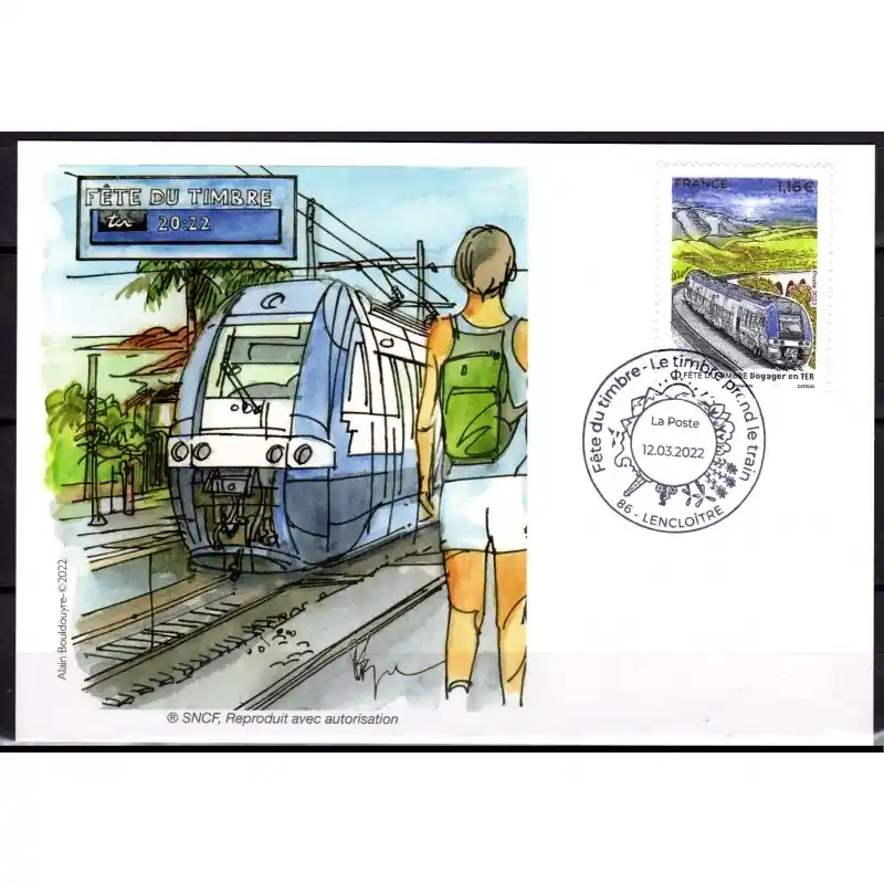 Paiement Sécurisé Souvenir philatélique FFAP Carte Fête du timbre 2022 "Le Timbre prend le Train" Lencloître 86