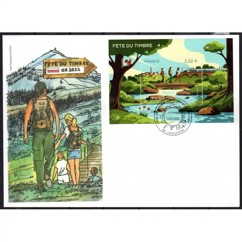 Premium Souvenir philatélique FFAP enveloppe avec le bloc Fête du timbre 2022 "Le Timbre prend le Train" Lencloître 86