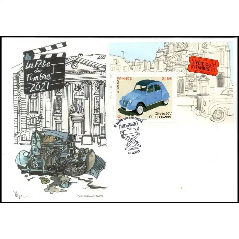 Promotion Saisonnière Souvenir philatélique FFAP enveloppe avec le bloc Fête du timbre 2021 "Voitures anciennes et cinéma" Alençon 61