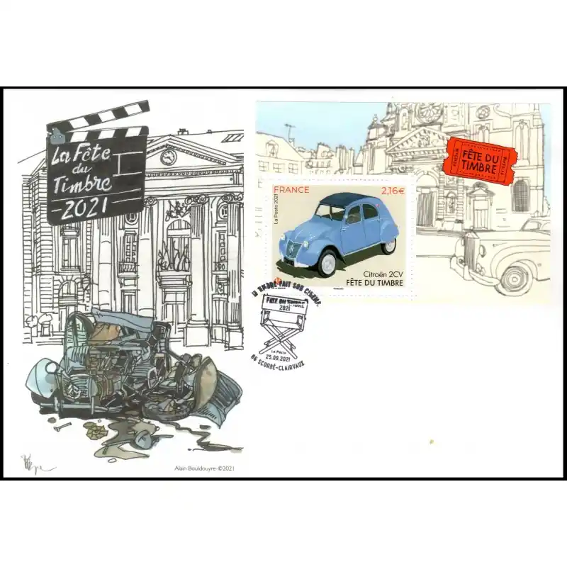 Promotion Souvenir philatélique FFAP enveloppe avec le bloc Fête du timbre 2021 "Voitures anciennes et cinéma" Scorbé-Clairvaux 86