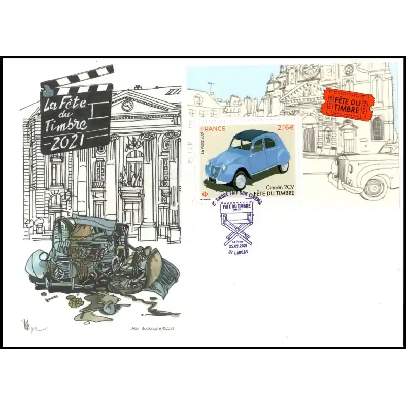 Haute Qualité Souvenir philatélique FFAP enveloppe avec le bloc Fête du timbre 2021 "Voitures anciennes et cinéma" Larcay 37