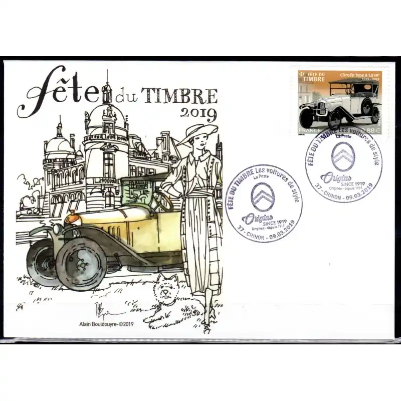 Commander Vite Souvenir philatélique FFAP enveloppe Fête du timbre 2019 "Les voitures anciennes et le sport automobile" Chinon 37