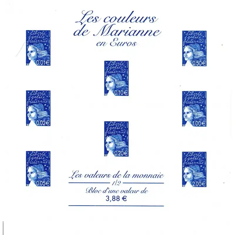 Gravures des 8 timbres "Les couleurs de Marianne en Euros" - Les valeurs de la monnaie Retour Gratuit