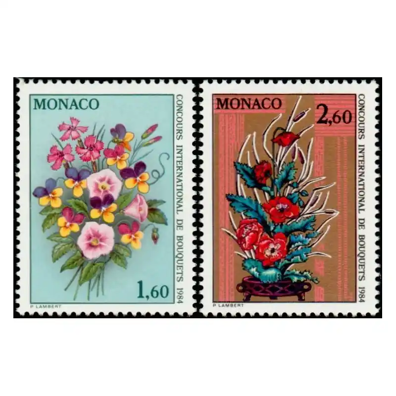 Timbres Monaco n°1398 et 1399 Concours international de bouquets 1984 Fait Main