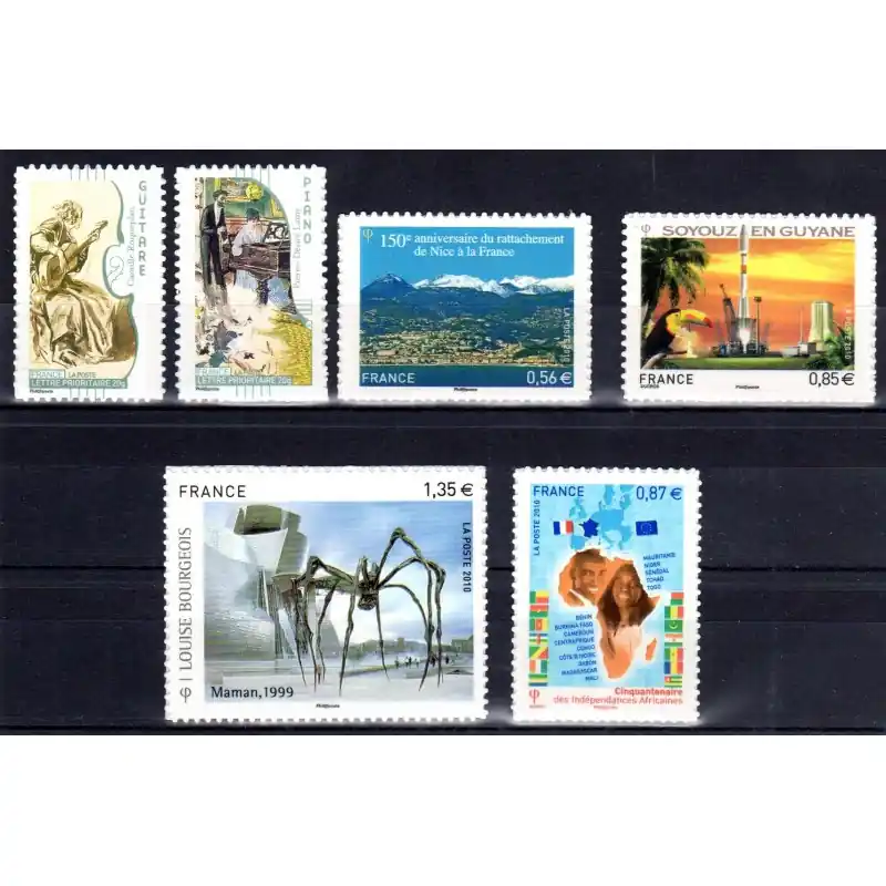 Timbres adhésifs entreprise. 6 valeurs 2010 Musique, Nice, Espace, Bourgeois, Indépendances Soldes