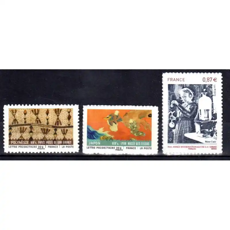 Petit Prix Timbres adhésifs entreprise. 3 valeurs 2011 Tissus du Monde, Année de la Chimie