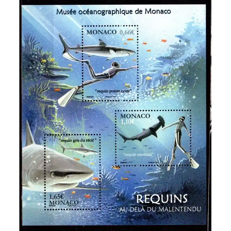 Timbre Monaco n°2931 à 2933 Bloc Requins Artisanat