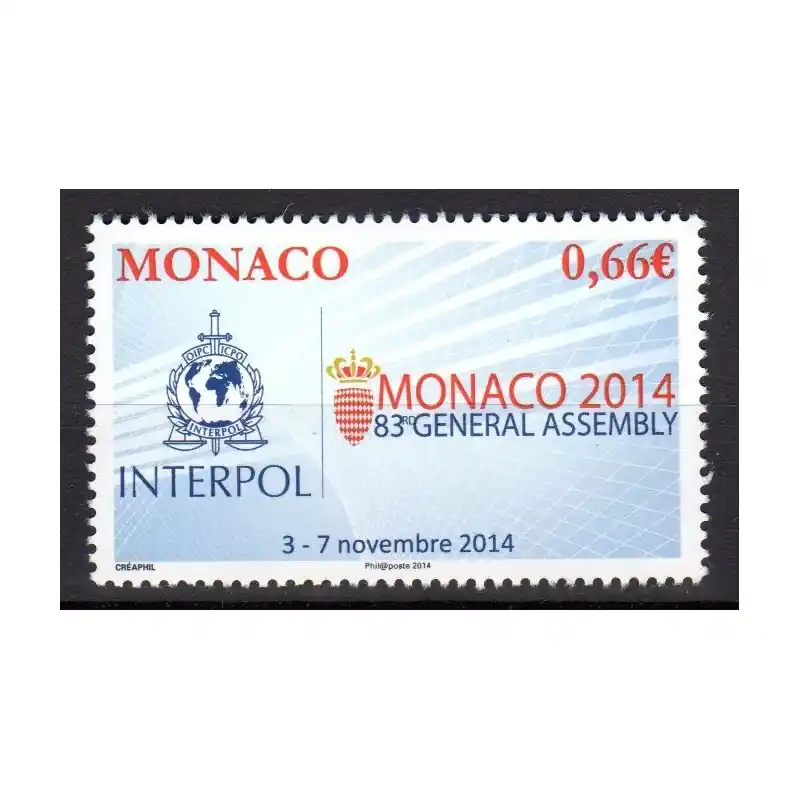 Timbre Monaco n°2946 83ème Assemblée Générale d'Interpol Quantité Limitée