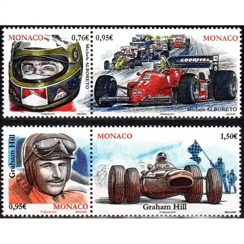 Timbre Monaco n°2966 à 2969 Les Pilotes Mythiques de F1: Michele Alboreto et Graham Hill En Vogue