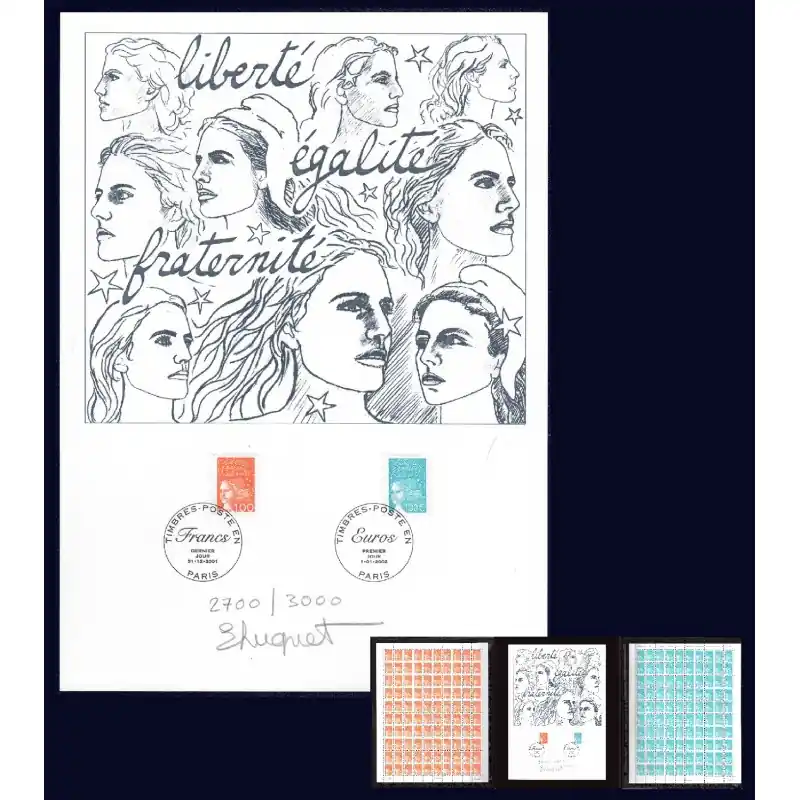 Marianne du Franc à l'Euro - Signé E.Luquet - avec 2 planches de 100 timbres de 1F et 1€ Populaire