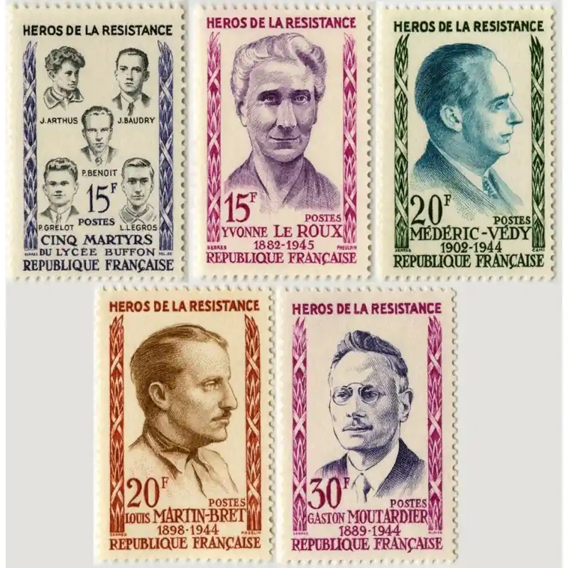 Timbre France N°1198 à 1202 Héros de la Résistance Neuf ** Prix Bas