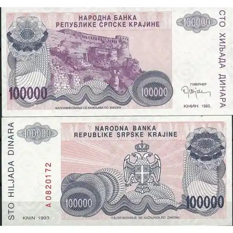 Petit Prix Billet de collection Rep. Serbe de Krajina Pk N° 22 - 100 000 Dinara