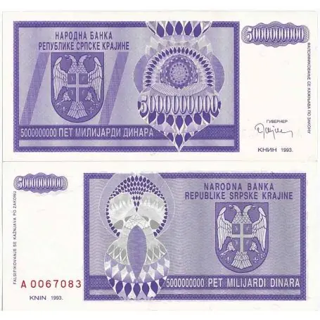 Billet de collection Rep. Serbe de Krajina Pk N° 18 - 5 BIL Dinara Vente Flash