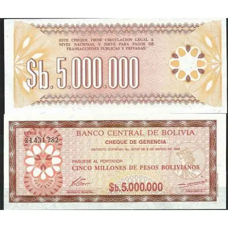 Bolivie - Pk N° 193 - Billet de banque de 5000000 Pesos Produit De Marque