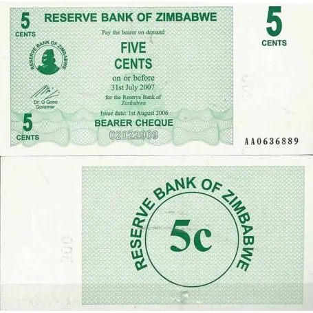 Meilleur Choix Billets de collection Zimbabwe Pk N° 34 - 5 Cents bearer