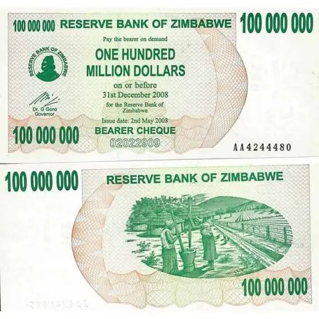 Billets de collection Zimbabwe Pk N° 58 - 100 Millions Dollars bearer Offre Du Jour