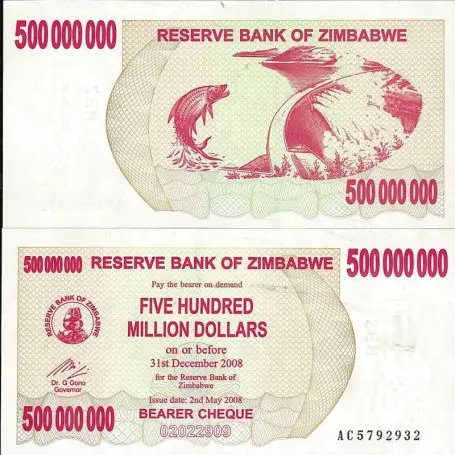 Billets de collection Zimbabwe Pk N° 60 - 500 Millions Dollars bearer Commande En Gros