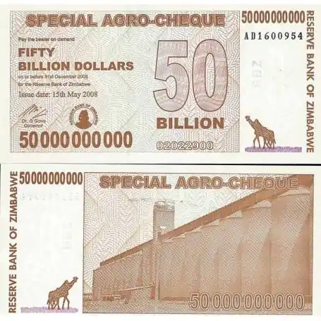 Billets de collection Zimbabwe Pk N° 63 - 50 billions Dollars bearer Expédition Rapide
