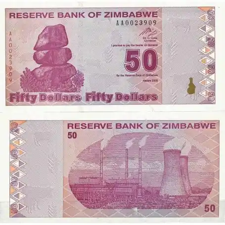Billets de collection Zimbabwe Pk N° 96 - 50 Dollars Prix Cassé
