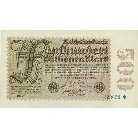 Prix Choc Billets de banque Allemagne Pk N° 110 - 500 Millions Mark