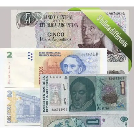 Solde Argentine : Bel ensemble de 5 billets de banque de collection.