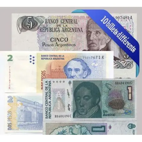 Offre Limitée Argentine - Collection de 10 billets de banque tous différents.