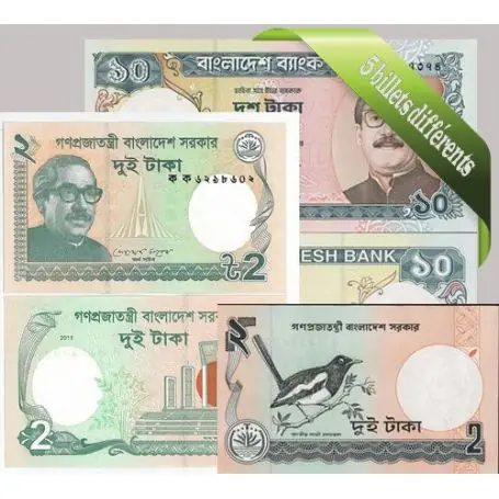 Bangladesh : Bel ensemble de 5 billets de banque de collection. Haute Qualité