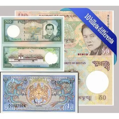Belle collection de 10 billets de banque tous différents de Bhoutan Expédié Aujourd’hui